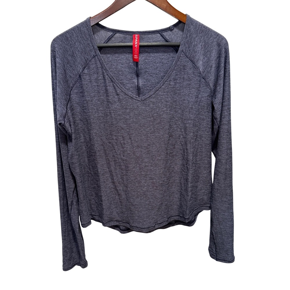 Spanx Womens V-Neck Long Sleeve Activewear Top Heather Navy Blue Size Medium